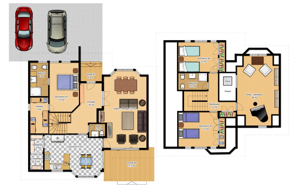 Plano de casa de 2 plantas con perspectiva